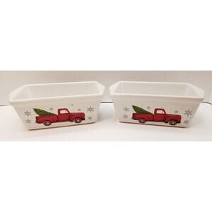 Set of 2 NANTUCKET Mini Loaf Bread Stoneware Baking Dishes Red Truck Christmas